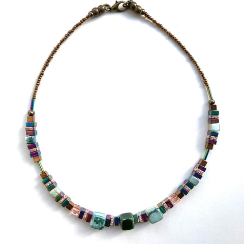 Rose Gold & Green Ceramic and Gemstone Cubes Necklace - 22111N