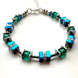 Blue and Green Hematite and Crystal  Cube Bracelet - 20202BR