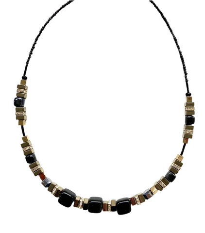 Black Ceramic and Gemstone Cubes Necklace - 22125NB