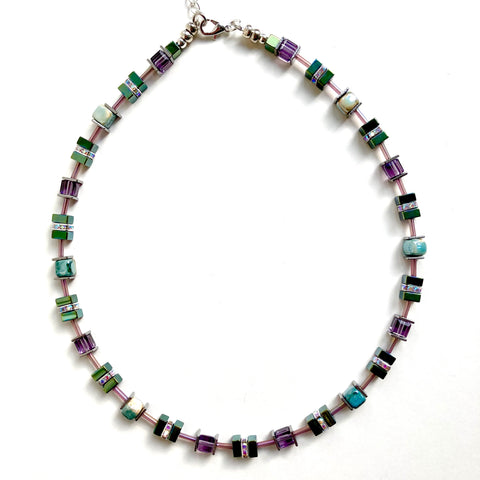 Purple & Green Ceramic, Crystal & Gemstone Cube Necklace - 24121N