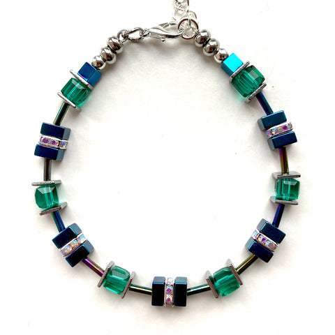 Blue and Green Hematite and Crystal  Cube Bracelet - 20202BR