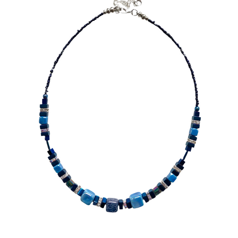 Blue Ceramic and Gemstone Cube Necklace - 22110N