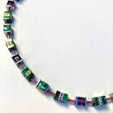 Purple & Green Ceramic, Crystal & Gemstone Cube Necklace - 24121N