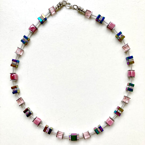 Pink Ceramic, Crystal & Gemstone Cube Necklace - 24119N