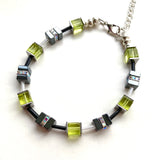 Lime Green and Grey Hematite and Crystal Cube Necklace - 23116N