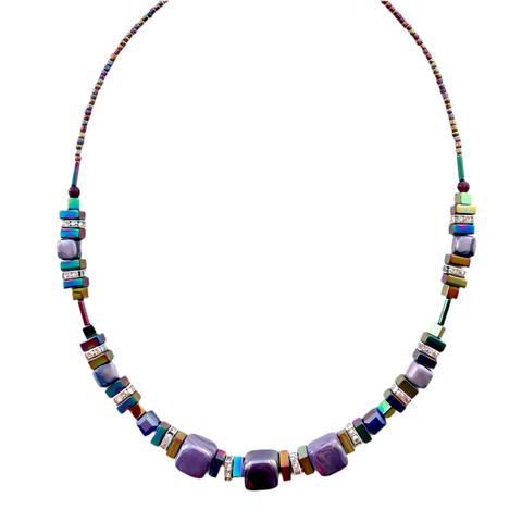 Purple Ceramic and Gemstone Cube Necklace - 22126N