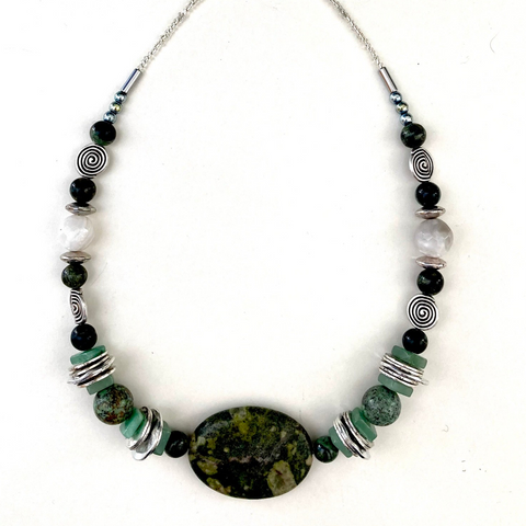 Green White and Silver Gemstone Necklace - 23120N