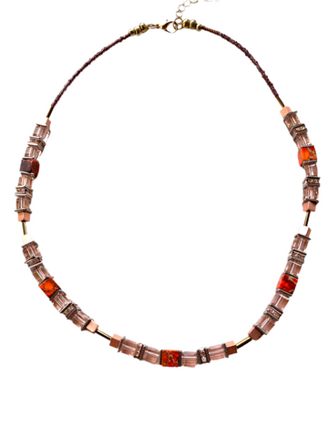 Orange/Peach Gemstone & Crystal Necklace - 24111N