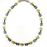 Lime Green and Grey Hematite and Crystal Cube Necklace - 23116N